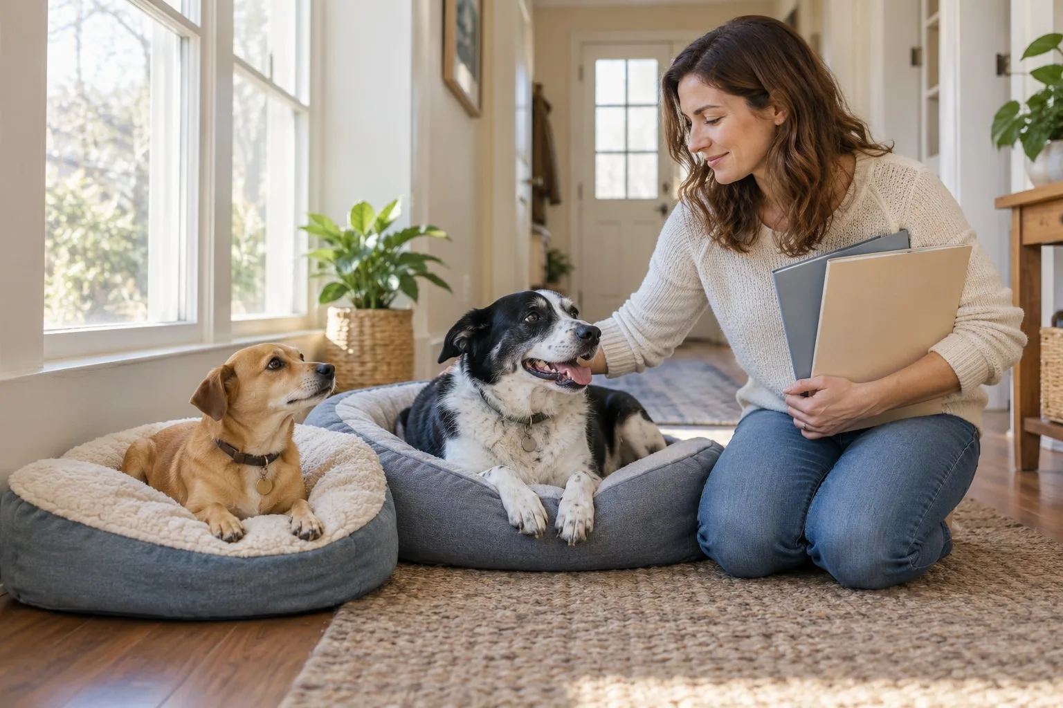 Two distinct mixed-breed dogs on adjacent dog beds beside their owner